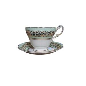 Victoria C& E Teacup and Saucer Gold Trim Gold Floral Band